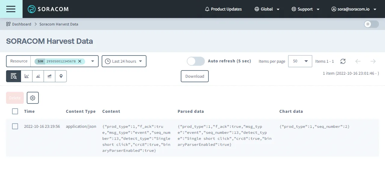 Harvest Data displaying the button data in JSON format