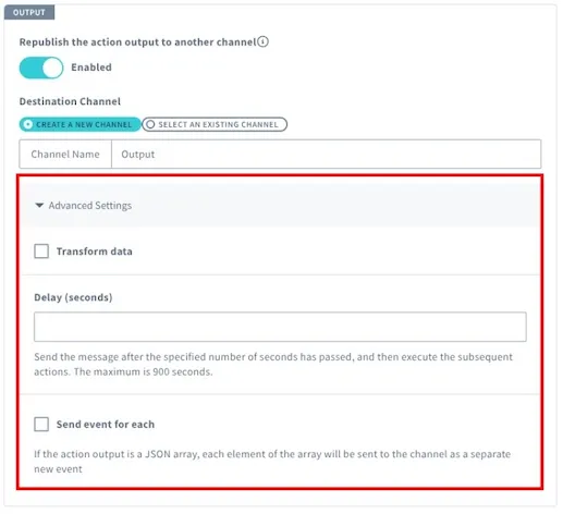 Screenshot of Output settings such as Transform data and Send event for each