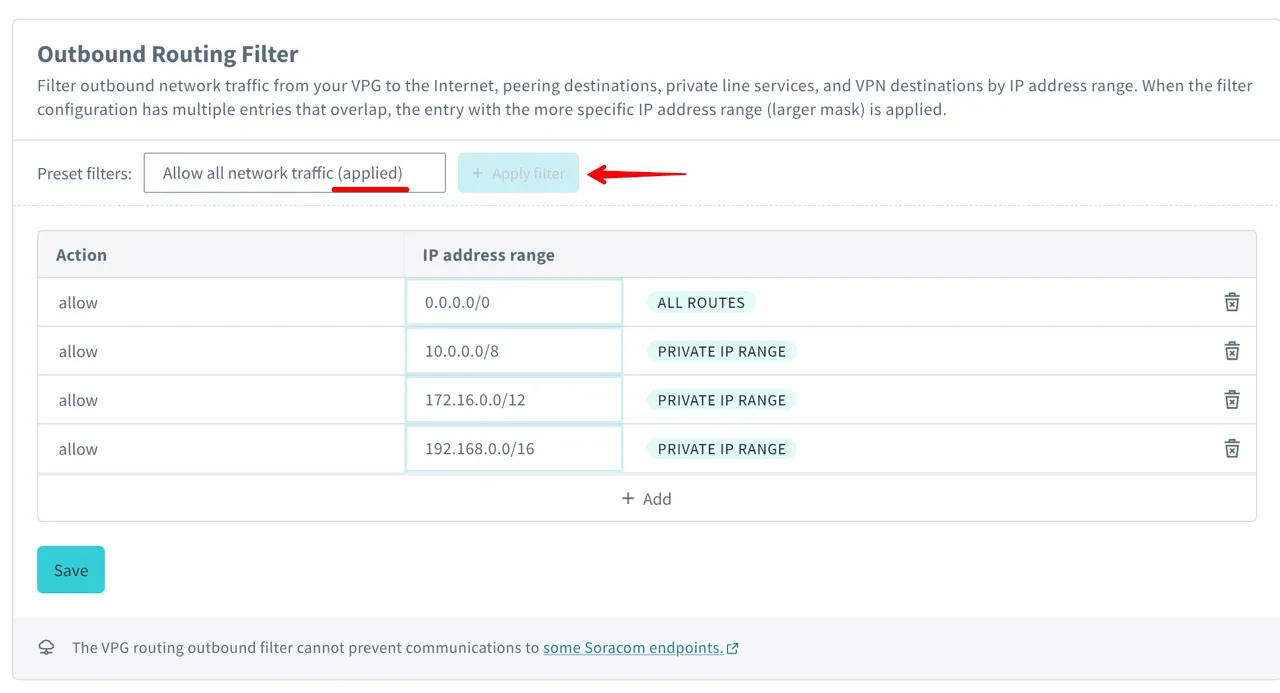 Screenshot showing the outbound routing filter applied preset