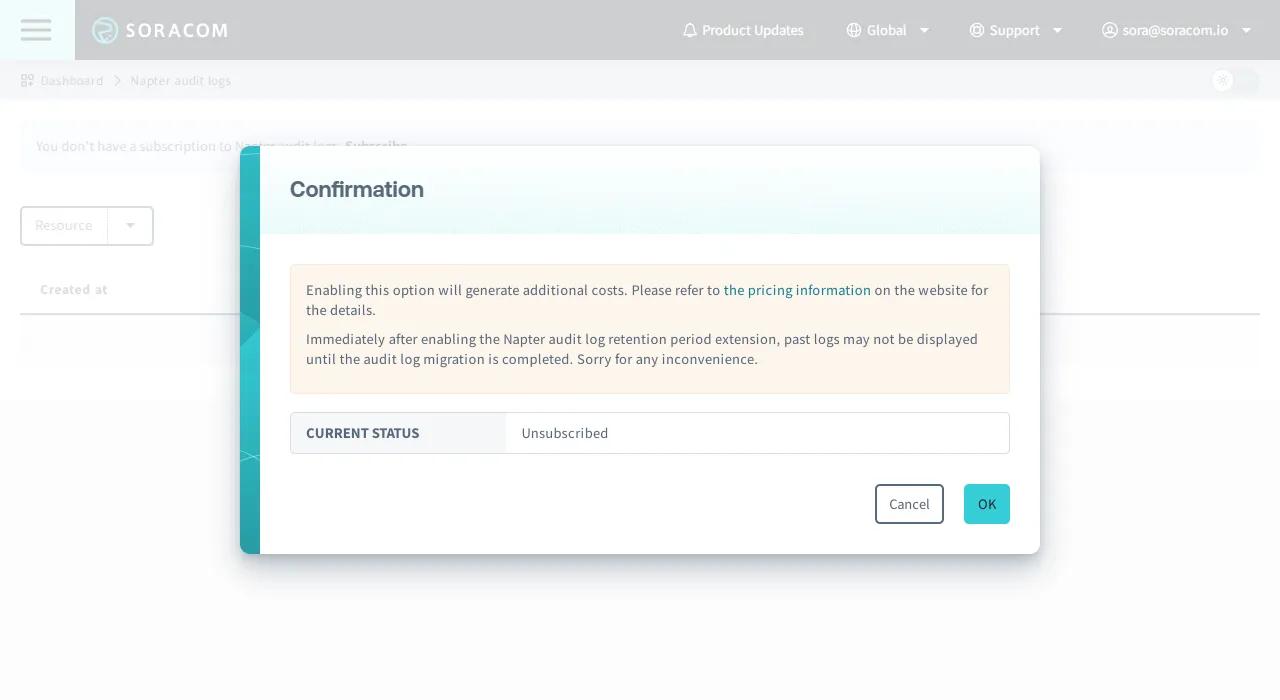 An image of the Napter Audit Logs Confirmation dialog showing Cancel and OK buttons