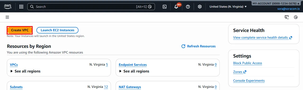 VPC Dashboard with Create VPC button highlighted