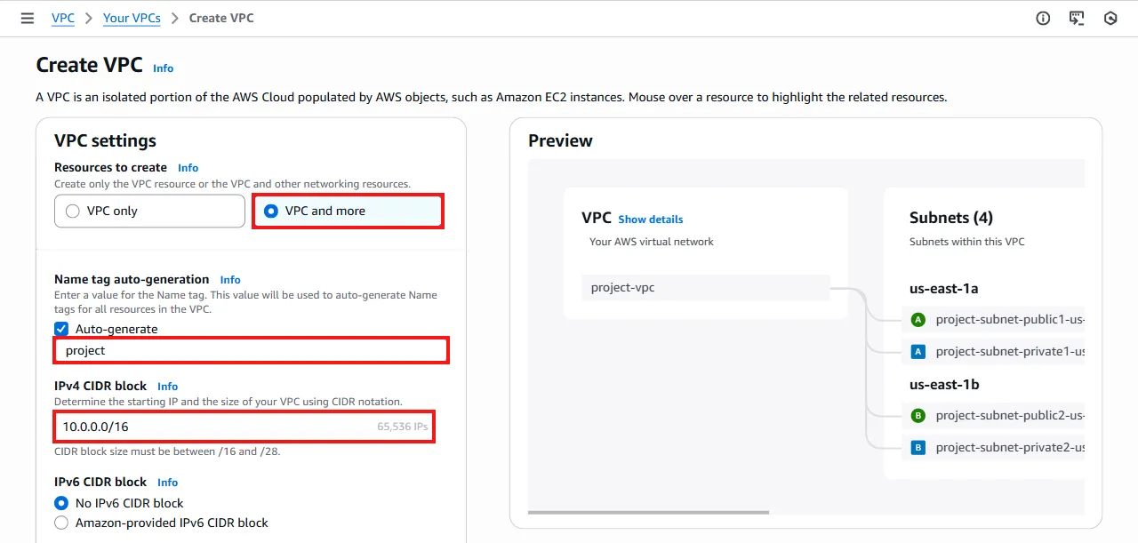 Create VPC page with VPC and more option, name, and IPv4 CIDR block highlighted