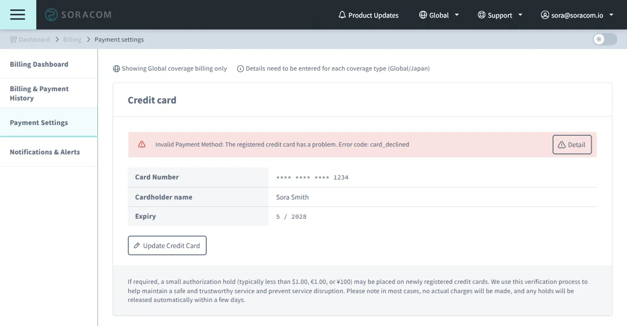 Credit card error - error code: card_declined