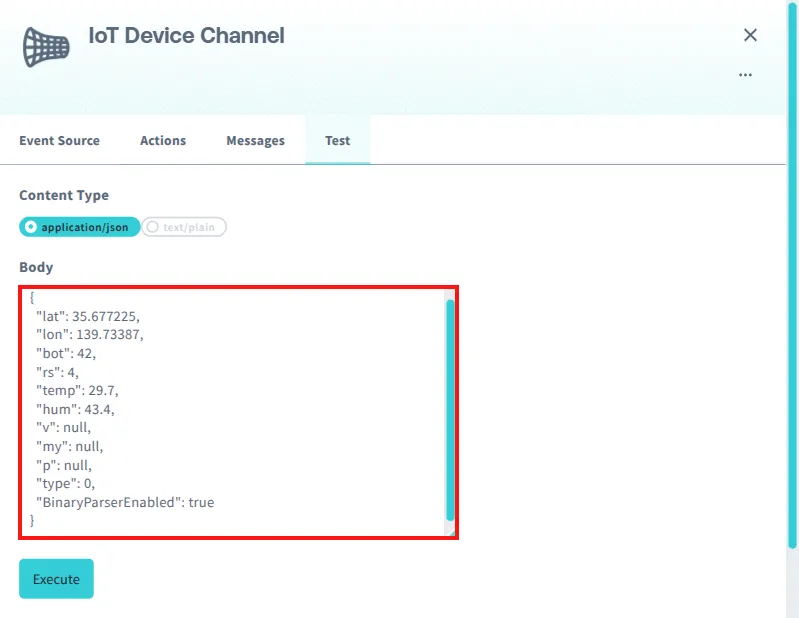 Screenshot of the Test tab in the channel configuration