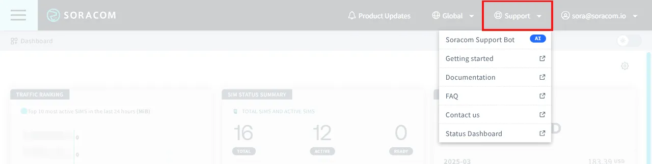 Screenshot of the Support menu