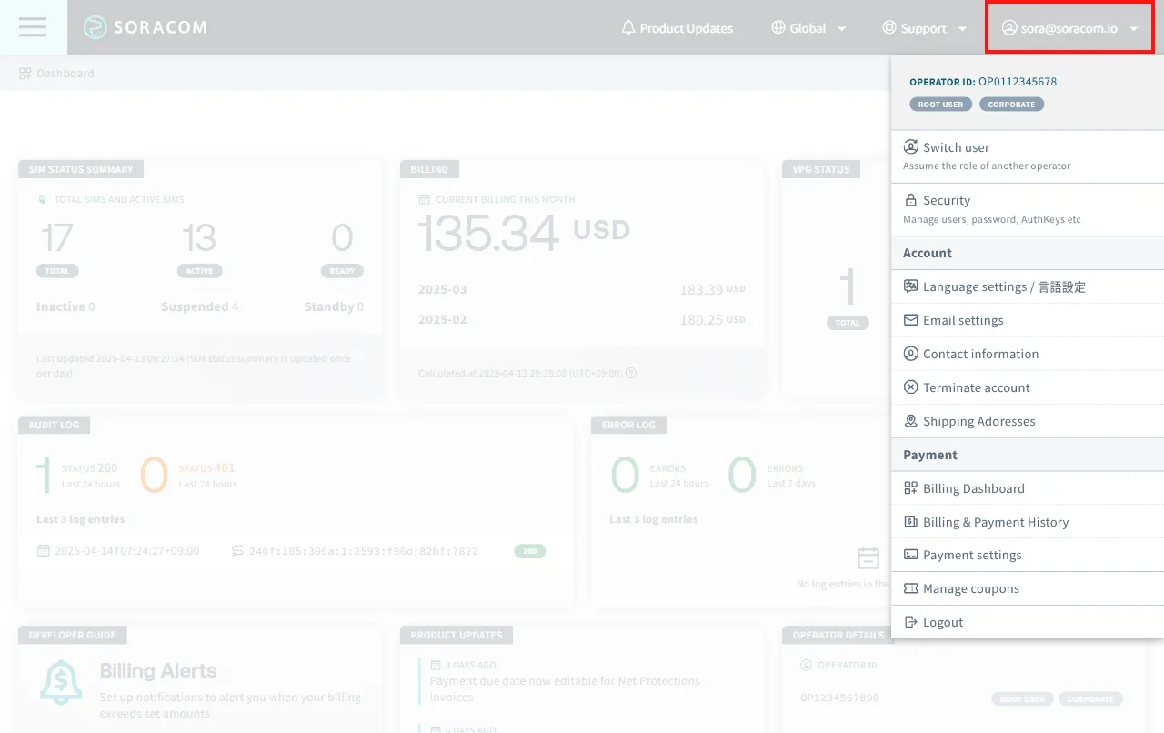 Screenshot of the Account menu dropdown