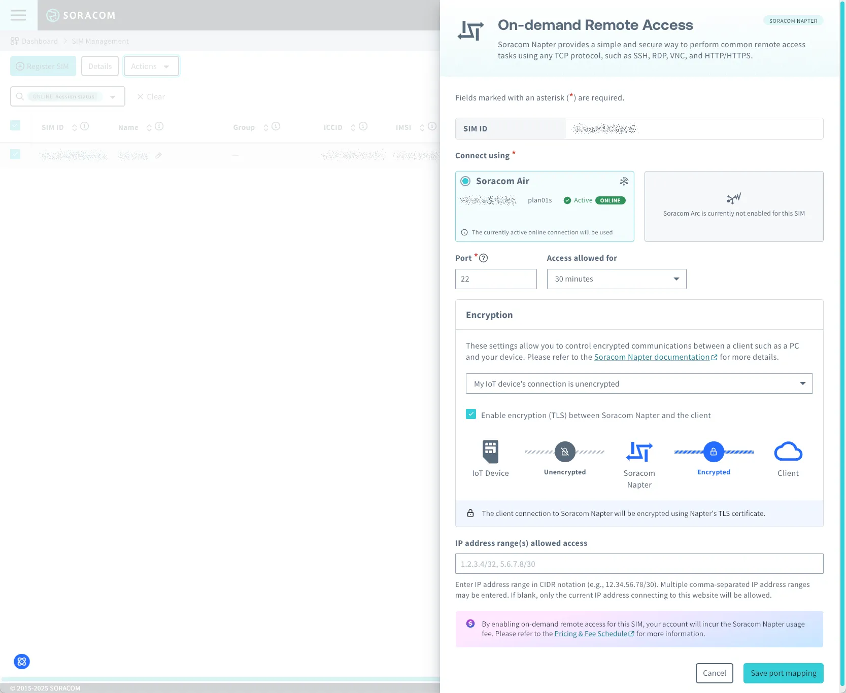 Soracom Napter configuration dialog for setting port, duration, IP address range, and encryption