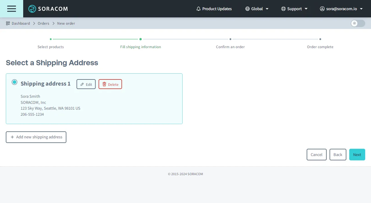Screenshot of selecting a shipping address in the New Order flow