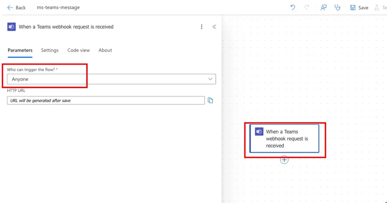 Screenshot of the Who can trigger the flow setting set to Anyone.