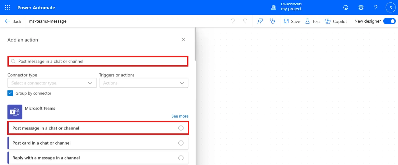 Screenshot of the action search panel for Post message in a chat or channel.