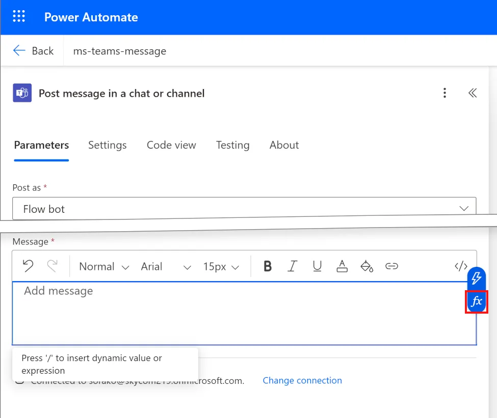 Screenshot highlighting the selection of Message from the dynamic content list.