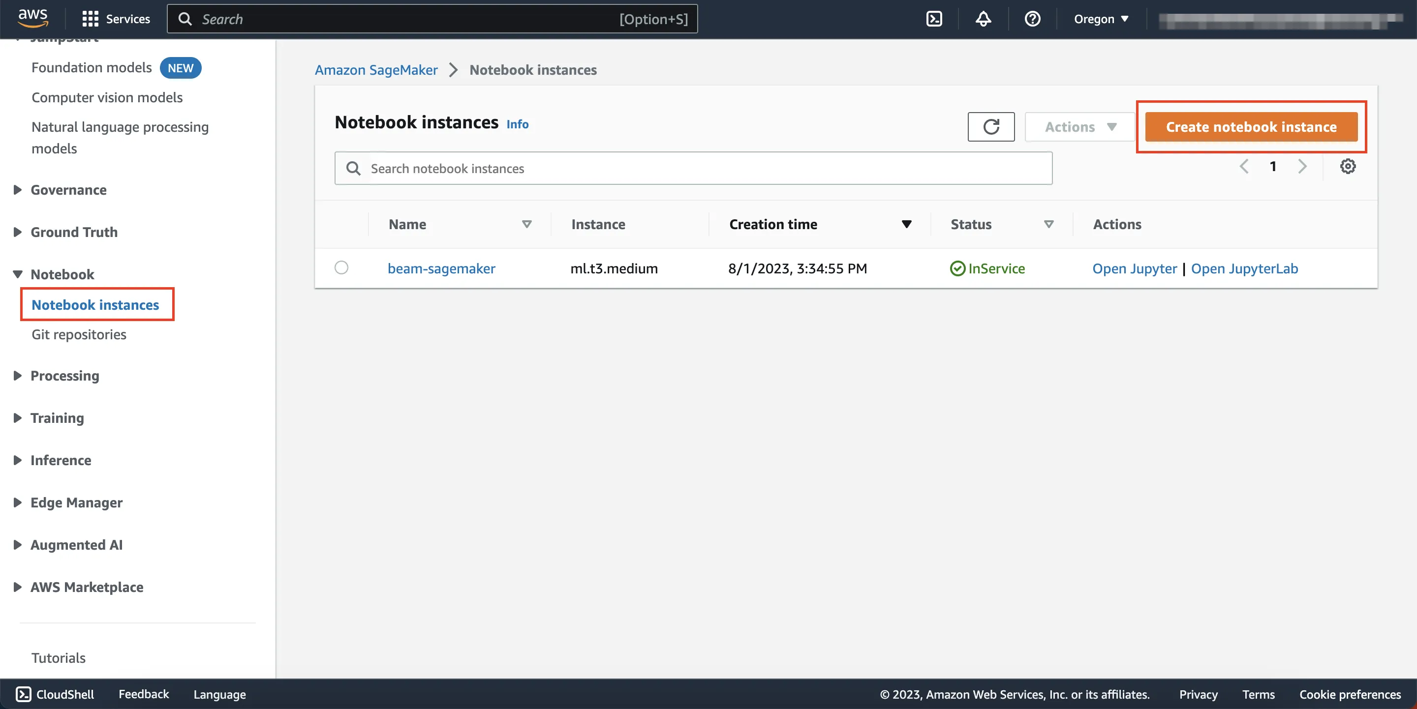 SageMaker Notebook Instances Menu