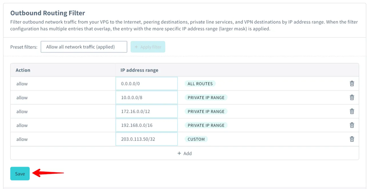 Screenshot showing a completed outbound filter configuration before saving