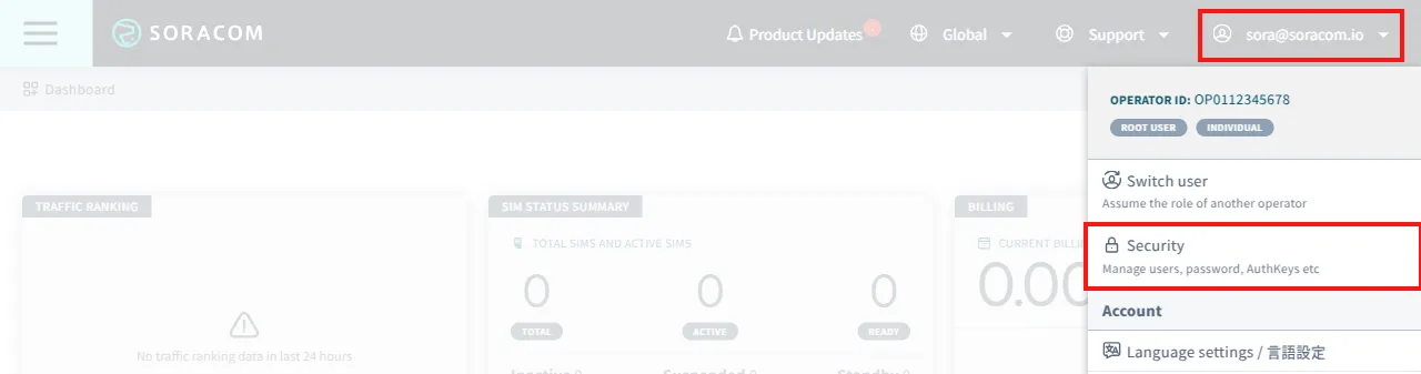 A screenshot of the Soracom User Console with the account menu open and the "Security" option highlighted.