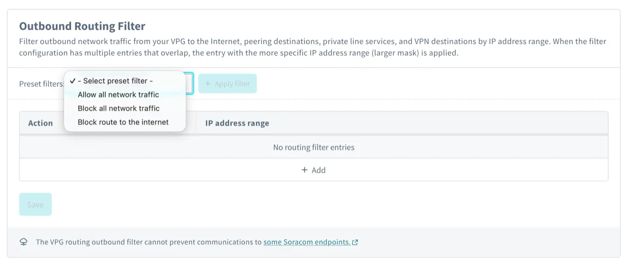 Screenshot showing the outbound routing filter preset filters dropdown