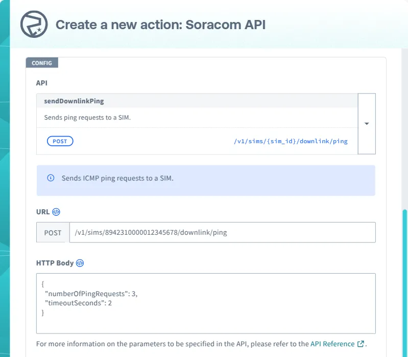 Screenshot of sendDownlinkPing Config section settings