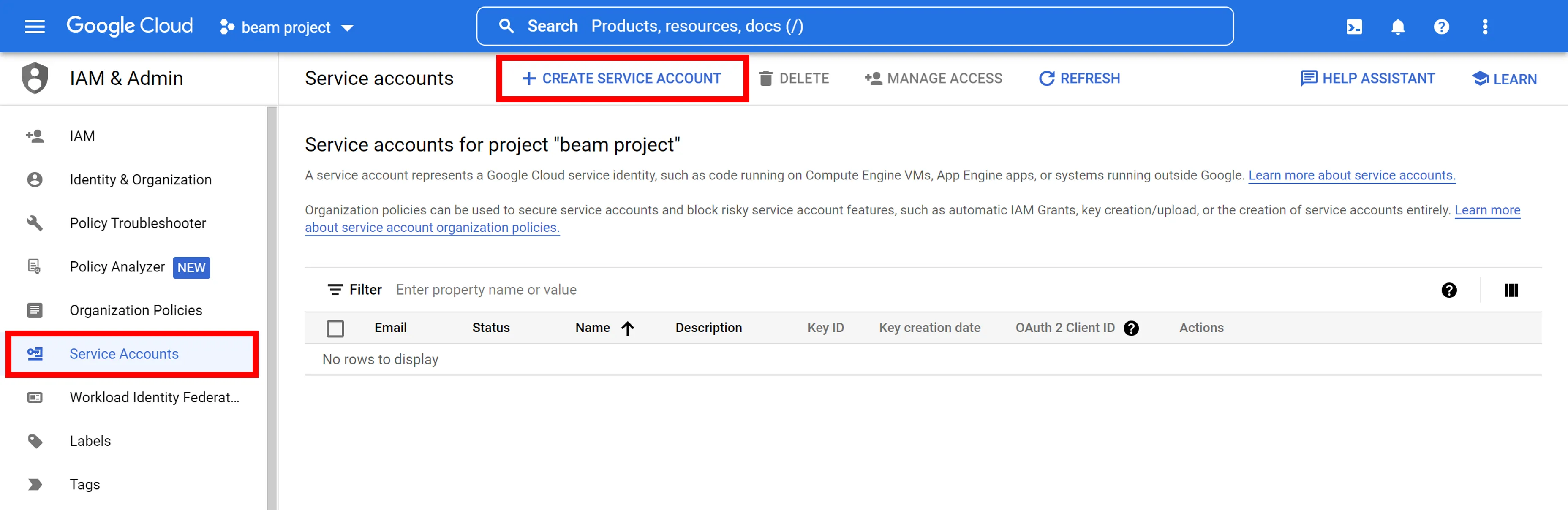 Create Service Account Button