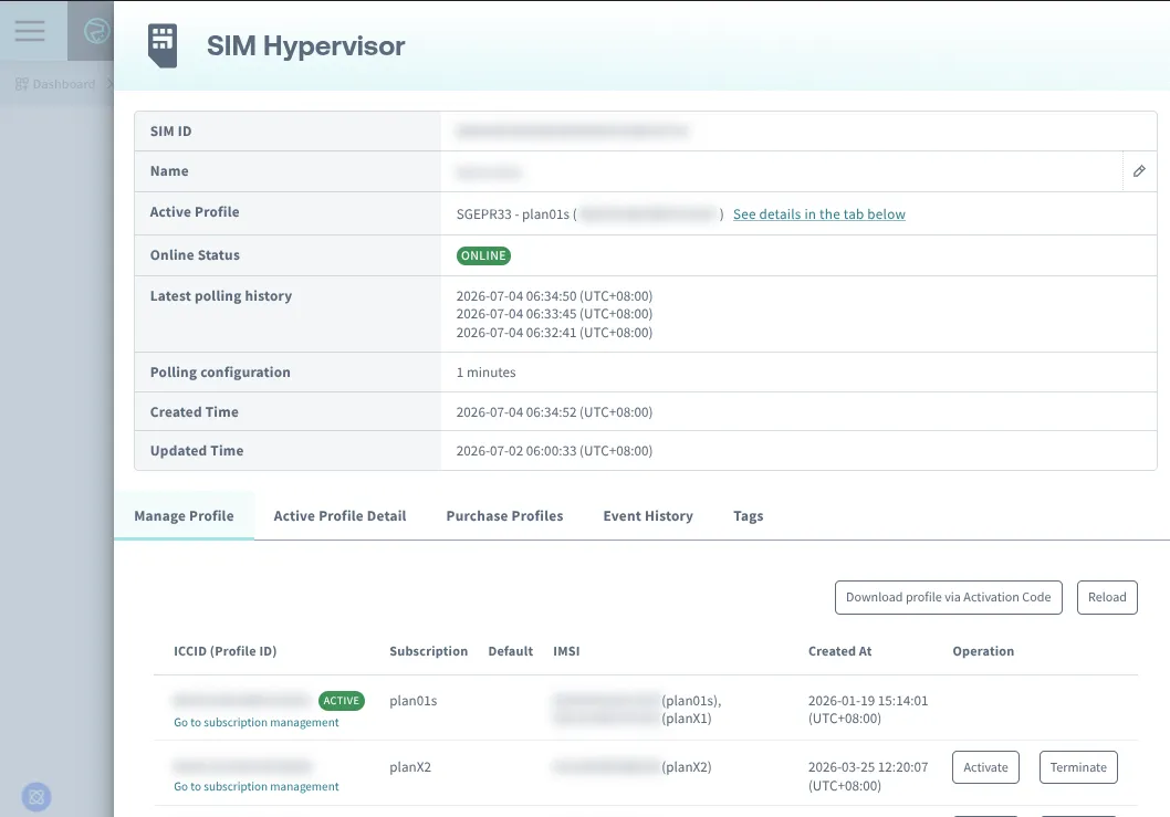 SIM Hypervisor screen