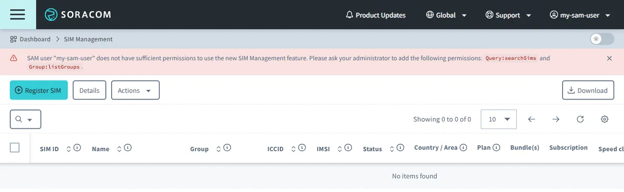 Screenshot of a SAM user invoking a message indicating the need of additional privileges