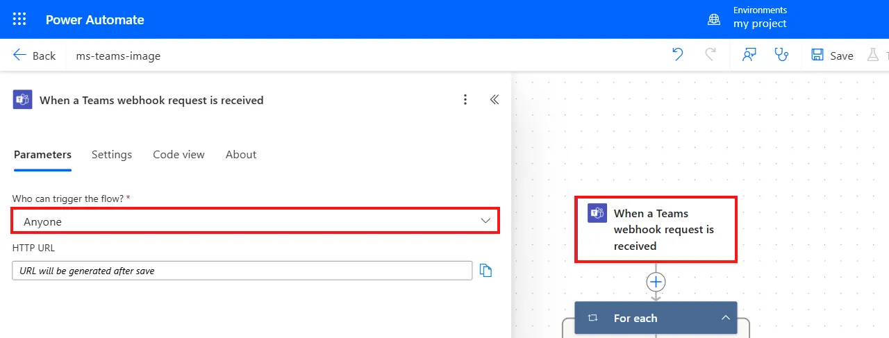 Screenshot of the Who can trigger the flow setting set to Anyone.