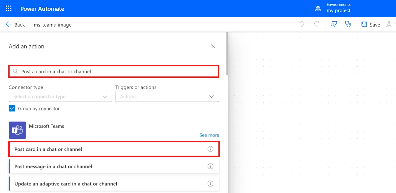 Screenshot of the action search panel for Post message in a chat or channel.