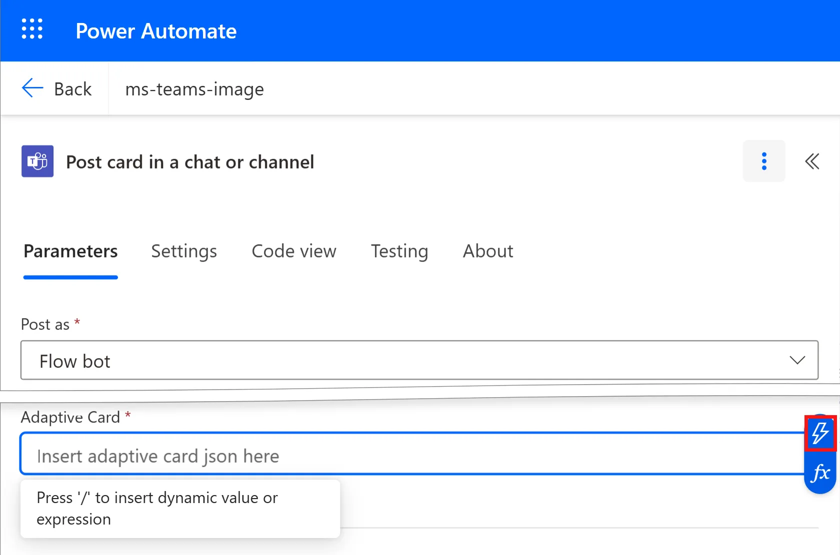Screenshot highlighting the Adaptive Card button.