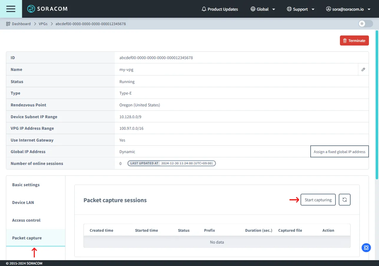 Start a packet capture session