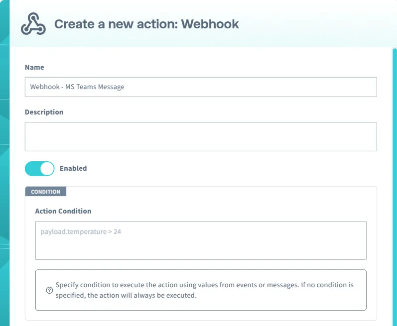 Screenshot displaying the action configuration fields (Name, Description, etc.).